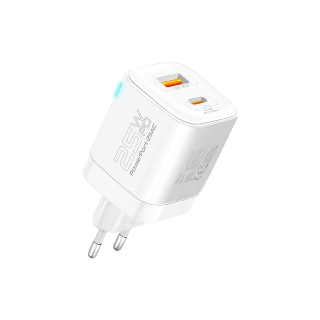 Зарядное устройство Promate USBC PD25W + USBA QC3.0 18W White (powerport-25ac.white) - изображение 1