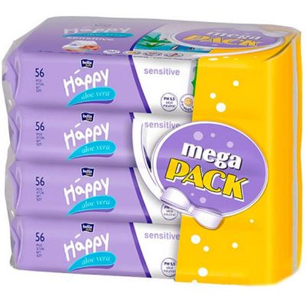 Дитячі вологі серветки Bella Baby Happy Sensetive Aloe Vera 4 x 56 шт Mega Pack (5900516015039) - зображення 1
