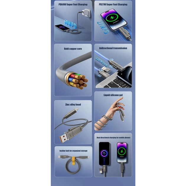 Дата кабель USB 2.0 AM to USB-C + USB 2.0 AM to Lightning 1.0m 60W gray XO (NB275_4-in-1_Gray) - picture 4