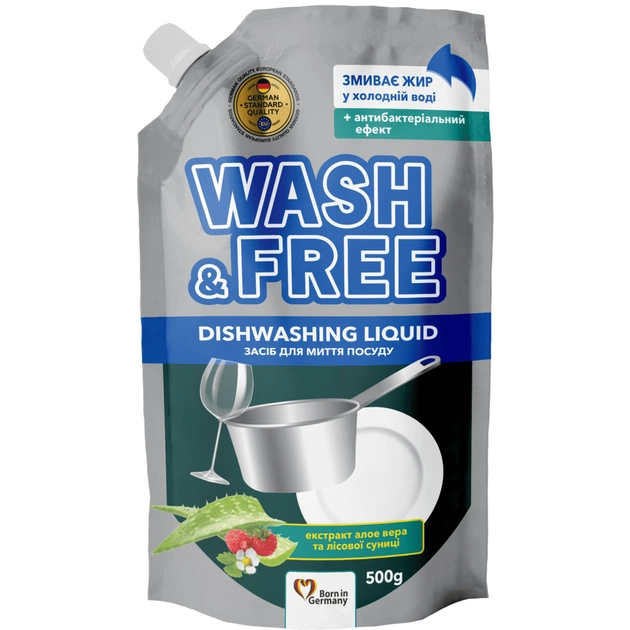 Средство для ручного мытья посуды Wash&Free Экстракт алоэ вера и лесной земляники Дой-пак 500 г (4823128001300) - изображение 1