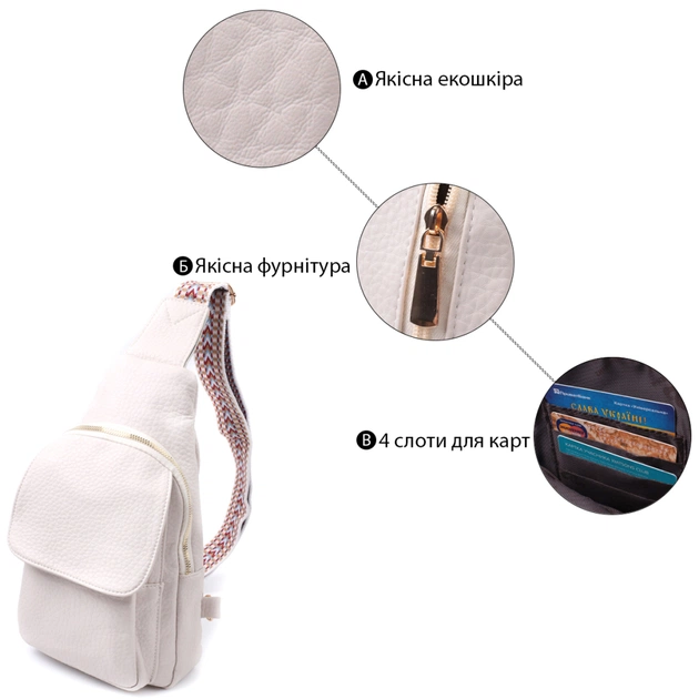 Сумка Vintage Женская с одной лямкой через плечо из крупнозернистой экокожи Молочная (22761) - изображение 4