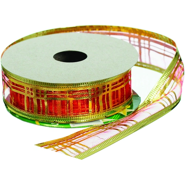 Стрічка на ялинку Jumi 2,5 см x 4,5 м, поліестер, золота кайма (5900410379862) - picture 1