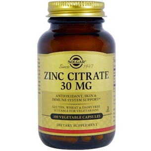 Мінерали Solgar Цинк цитрат, 30 мг, Zinc Citrate, 100 вегетаріанських капсул (SOL03670) зображення 1