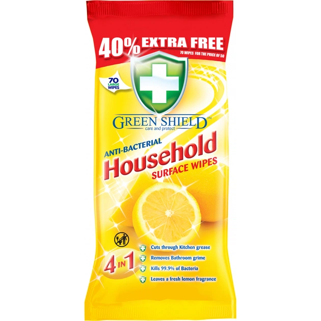 Салфетки для уборки Green Shield Household антибактериальный для бытовых поверхностей 70 шт. (5060110225316) - изображение 1