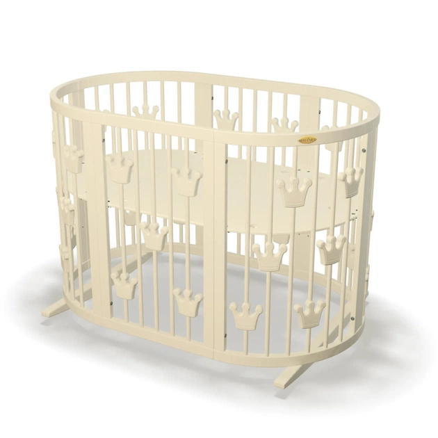 Ліжечко Ingvart трансформер Smart Bed Round (72х72, 72х120, 72х168 см) слонова кістка з декором "Корони" (1311015) - изображение 1