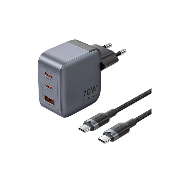 Зарядний пристрій Vention 2xUSB-C PD70W + 1xUSB QC3.0 22.5W GaN + cable USB-C to USB-C 1.0m black gray (TZ-FEXH0-EU) - зображення 1
