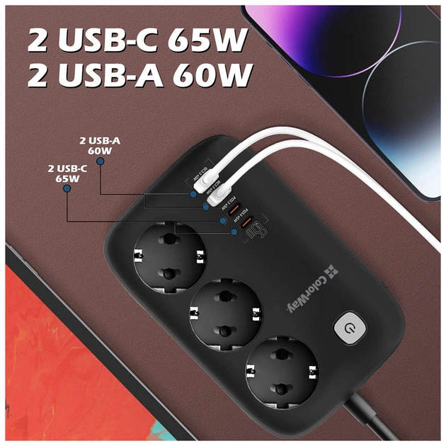 Мережевий фільтр живлення ColorWay CW-CHE34PDB 3 роз/4USB GaN3 Pro (CW-CHE34PDB) - зображення 8