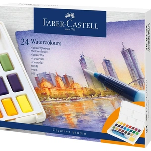 Масляные краски Faber-Castell Watercolors in Pans, 24 кольори + ручка-пензлик з контейнером для води (169724) (30757) изображение 1