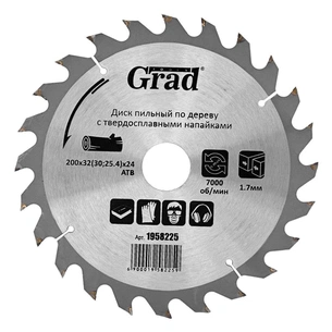 Круг відрізний Grad по дереву з твердосплавними напайками Ø200×32(30;25.4)×24Т, 7000об/хв (1958225) зображення 1