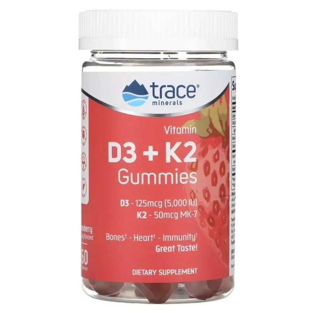 Мультивитамин Trace Minerals Витамин D3 и K2, вкус клубники, Vitamin D3 + K2 Gummies, 60 жевательн (TMR-00754) - изображение 1