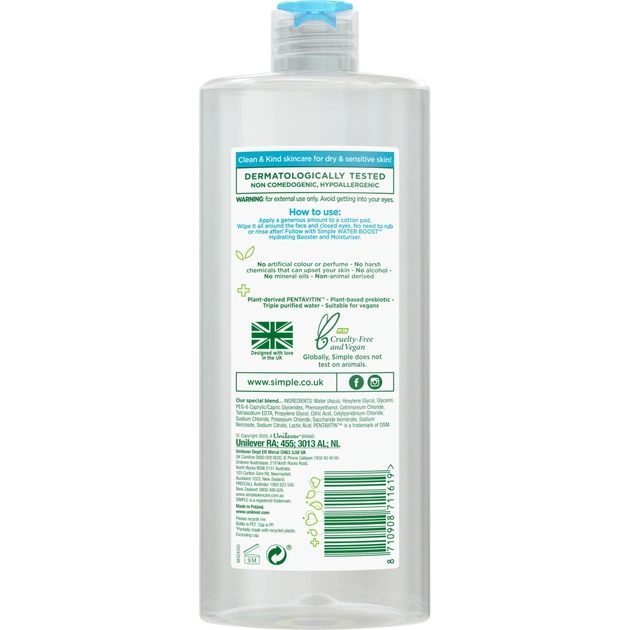 Міцелярна вода Simple Micellar Cleansing Water Pentavitin & Prebiotic 400 мл (8710908711619) - picture 2