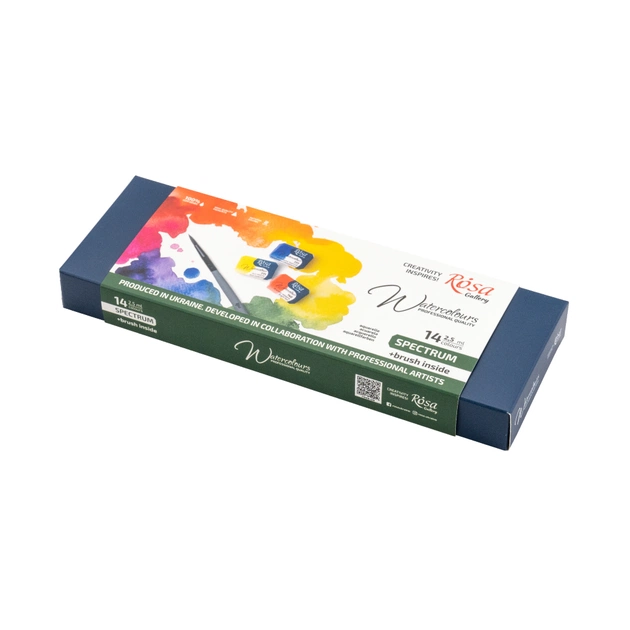Акварельні фарби Rosa Gallery SPECTRUM, 14*2,5мл, з пензлем, кювета Індіго металевий пенал (4823098544760) - picture 1