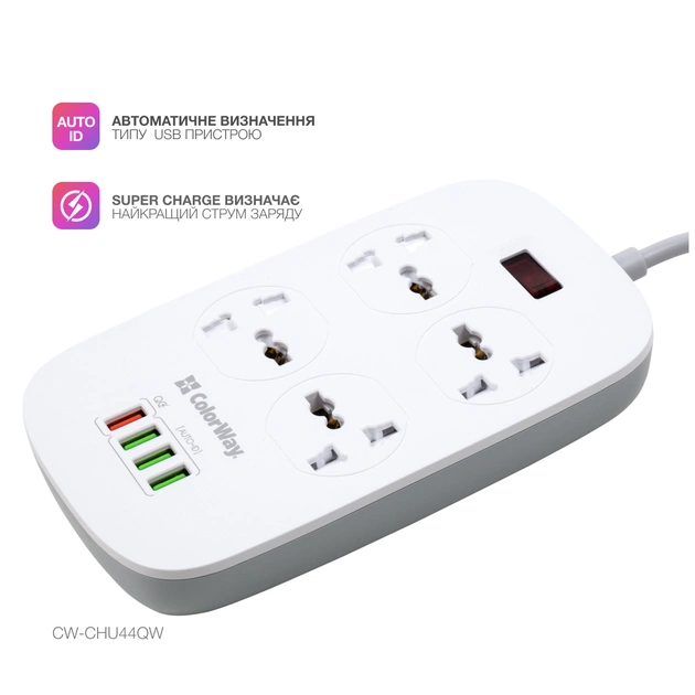 Мережевий фільтр живлення ColorWay 4 розетки/4USB White 1.8м (1QC3.0 + 3 AUTO ID) (CW-CHU44QW) - зображення 7