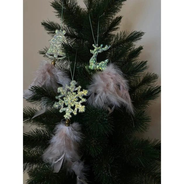 Ялинкова іграшка Chomik Олень, Дзвіночок, Сніжинка" з пір'ям 22 см, 3 шт, шампань (5900779855861) - picture 5