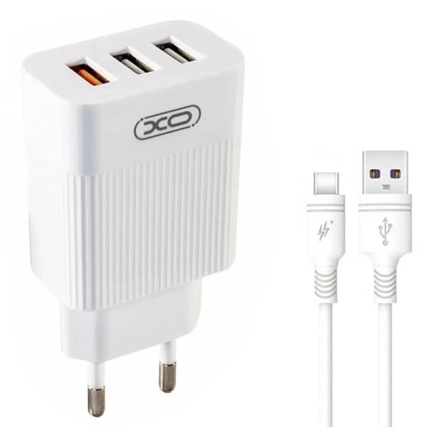 Зарядний пристрій XO 1xUSB QC3.0 18W + 2xUSB 2.4A + cable USB-C white (L72-TC-WH) - зображення 1