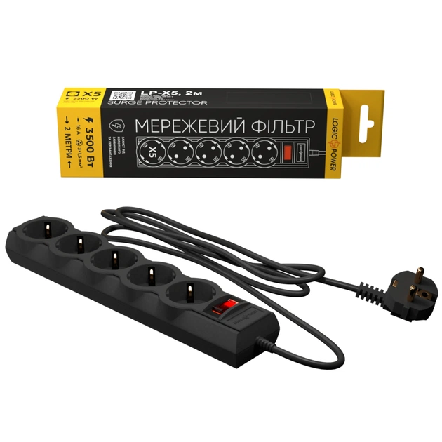 Мережевий фільтр живлення LogicPower LP-X5 PREMIUM, 2m black (9583) - зображення 1