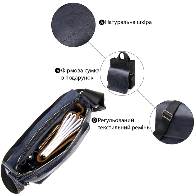 Сумка Grande Pelle Шкіряна чоловіча Темно-синя (11433) - зображення 4
