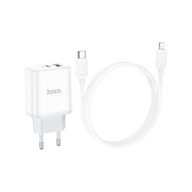 Зарядний пристрій HOCO C105A Stage 1xUSB-C PD20W + 1xUSB QC3.0 + cable USB-C to Lightning White (6931474782939) - зображення 1
