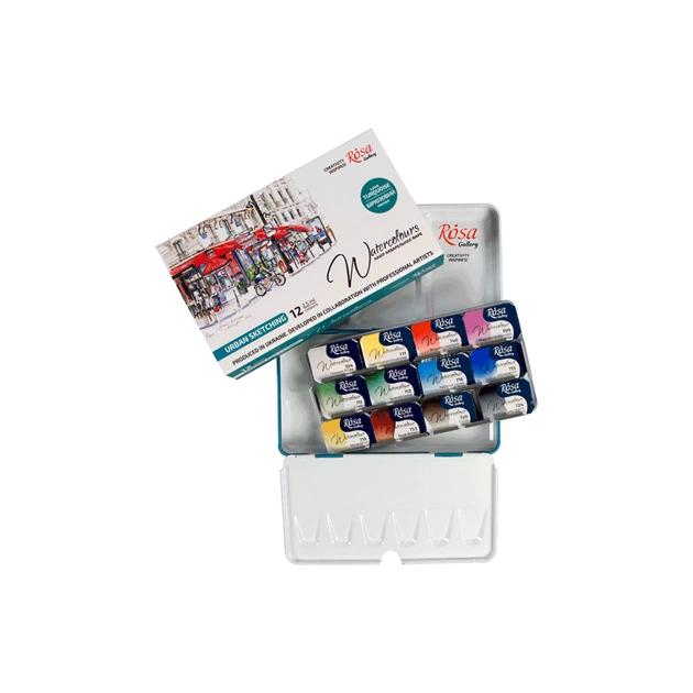 Акварельні фарби Rosa Gallery Urban Sketching в металевому пеналі Бірюза 12 кольорів кювета (4823098525691) - picture 2