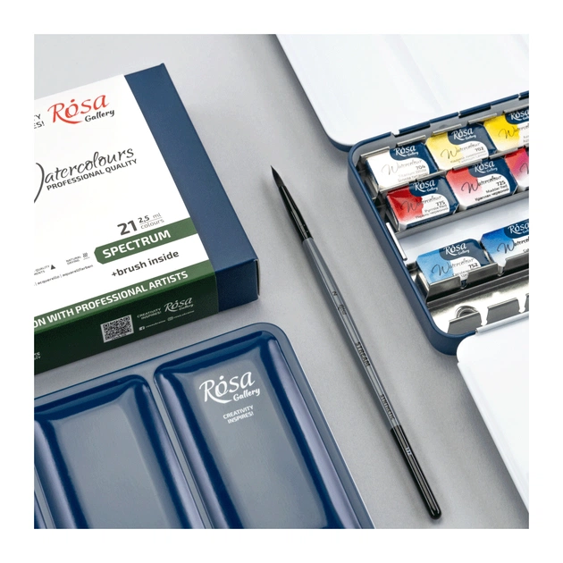 Акварельні фарби Rosa Gallery SPECTRUM, 21*2,5мл, з пензлем, кювета Індіго металевий пенал (4823098544777) - picture 3