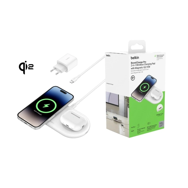 Зарядний пристрій Belkin 2in1 15W Pad Qi2 white (WIZ021VFWH) - зображення 1