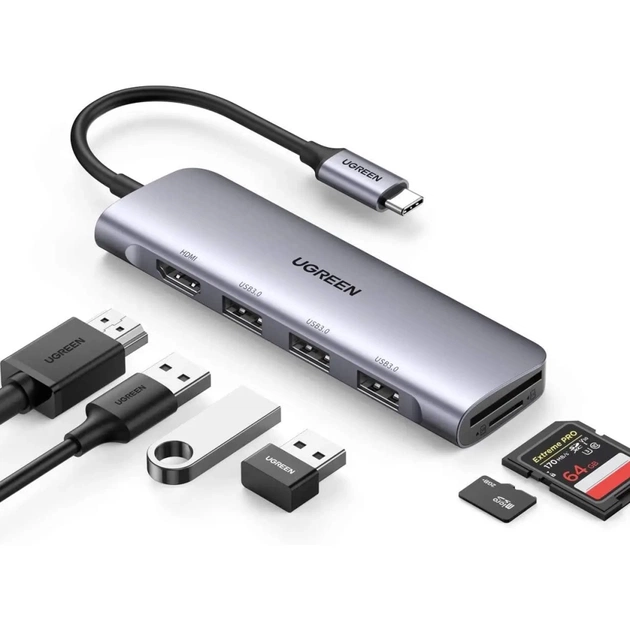 Концентратор Ugreen USB-C to 3xUSB 3.0 + HDMI + SD/TF CM195 gray (70410) - изображение 1