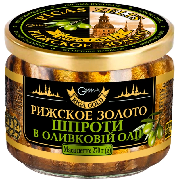 Рибні консерви Ризьке золото Шпроти в оливковій олії 270 г с/б (4820062447492) - picture 1