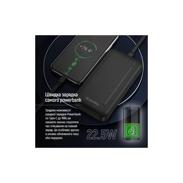 Батарея універсальна ColorWay 20 000 mAh Portable Charger (USB/QC3.0 + USB-C/PD/22.5W) Black (CW-PB200LPB4BK-PD) - picture 12