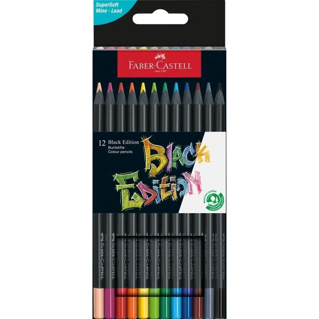 Карандаши цветные Faber-Castell Black Edition colour pencil, тригранні, чорне дерево, 12 кольорів (116412) (31214) - изображение 1