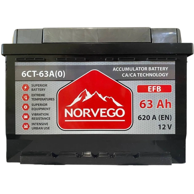 Акумулятор автомобільний NORVEGO ВЕСТА EFB 63A +прав (0) (620 пуск) - зображення 1