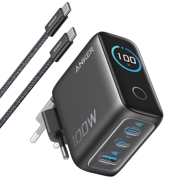 Сетевое зарядное устройство Anker GaN Charger 100W, 2xUSB-C, 1xUSB-A, Display Dark Gray (B121BGZ1) + кабель USB Type-C - изображение 1