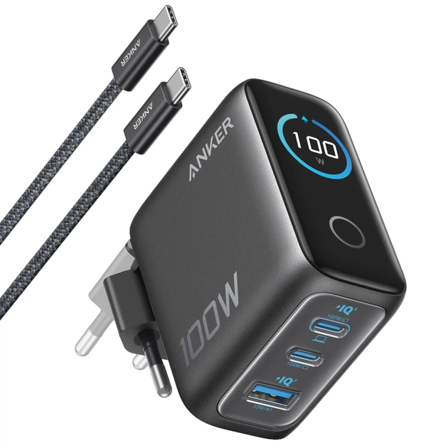 Мережевий зарядний пристрій Anker GaN Charger 100W, 2xUSB-C, 1xUSB-A, Display Dark Gray (B121BGZ1) + кабель USB Type-C - изображение 1