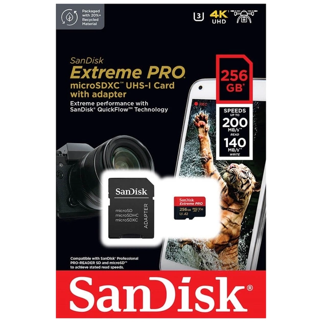Карта пам'яті SanDisk 256 GB microSDXC UHS-I U3 Extreme Pro+SD Adapter (SDSQXCD-256G-GN6MA) - picture 5