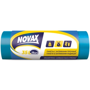 Пакети для сміття Novax із затяжками Сині 35 л 15 шт. (4823058320403) зображення 1