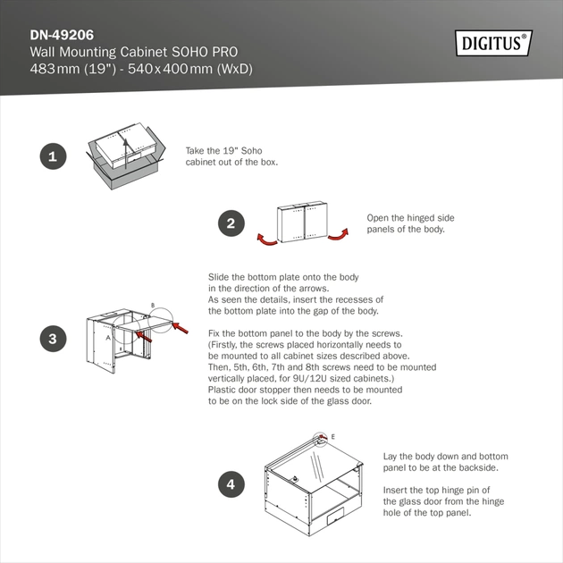 Шафа настінна Digitus 12U SOHO Pro 19" 540*400*595мм(Ш*Г*В), grey (DN-49206) - зображення 10