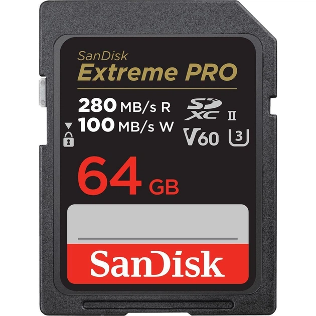 Карта памяти SanDisk 64GB SD class 10 UHS-I U3 V60 R280/W100MB/s Extreme PRO (SDSDXEP-064G-GN4IN) - изображение 1