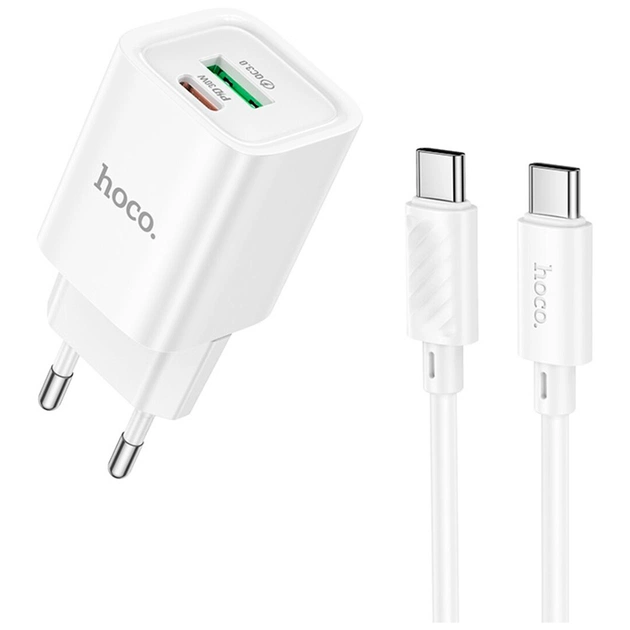 Зарядное устройство HOCO C149A Charm 1xUSB-C PD30W + 1xUSB QC3.0 + cable USB-C to USB-C White (6942007630351) - изображение 1
