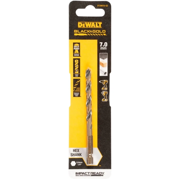 Сверло DeWALT по металлу EXTREME IMPACT Black & Gold, HSS-G, 7 х 111 х 73 мм, 1 шт. (DT20610) - изображение 1