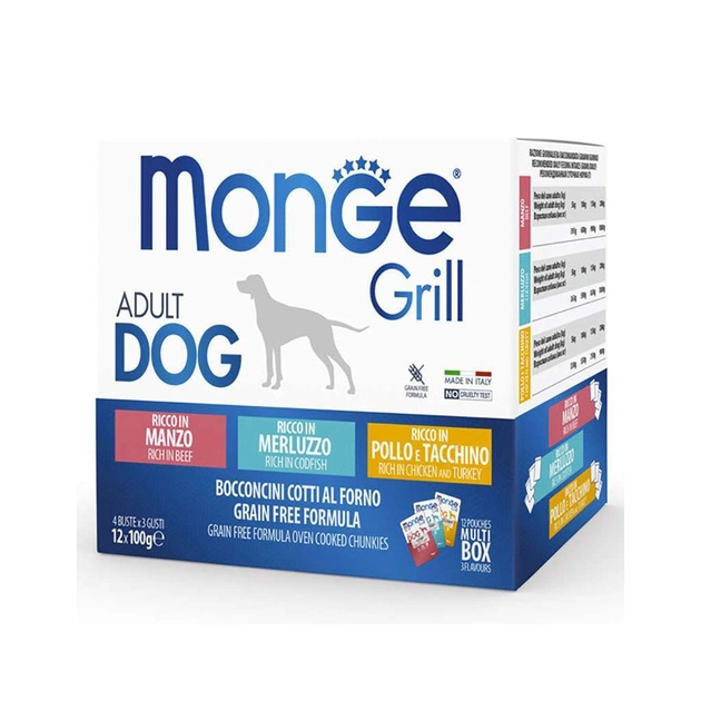 Вологий корм для собак Monge Dog Grill Mix Chicken and Turkey, Beef, Cod Fish 12*100 г (8009470017510) - зображення 1