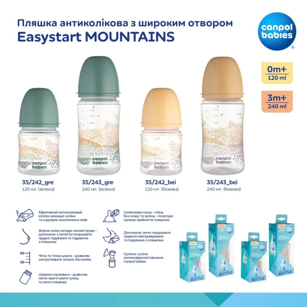 Пляшечка для годування Canpol babies Easystart MOUNTAINS антиколікова з широким отвором 120 мл бежева (35/242_bei) - зображення 5