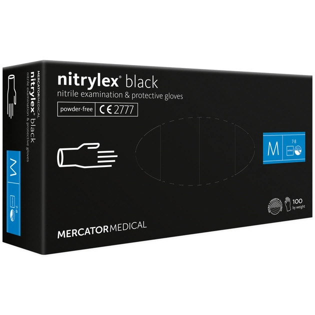 Медичні рукавички Mercator Medical Nitrylex Black Нітрилові Неопудрені діагностичні Розмір M 100 шт. Чорні (3.1018) (5906615133292) - picture 1
