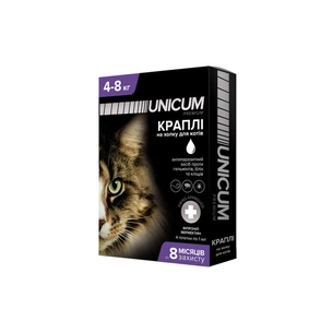 Краплі для тварин Unicum COMPLEX проти бліх, кліщів і гельмінтів на холку для кішок 4-8 кг/4 шт (4820150202491) изображение 1