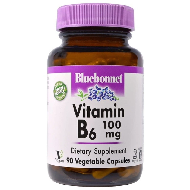 Вітамін Bluebonnet Nutrition Вітамін B6 100 мг, Vitamin B6, 90 вегетаріанських капсул (BLB0430) - зображення 1