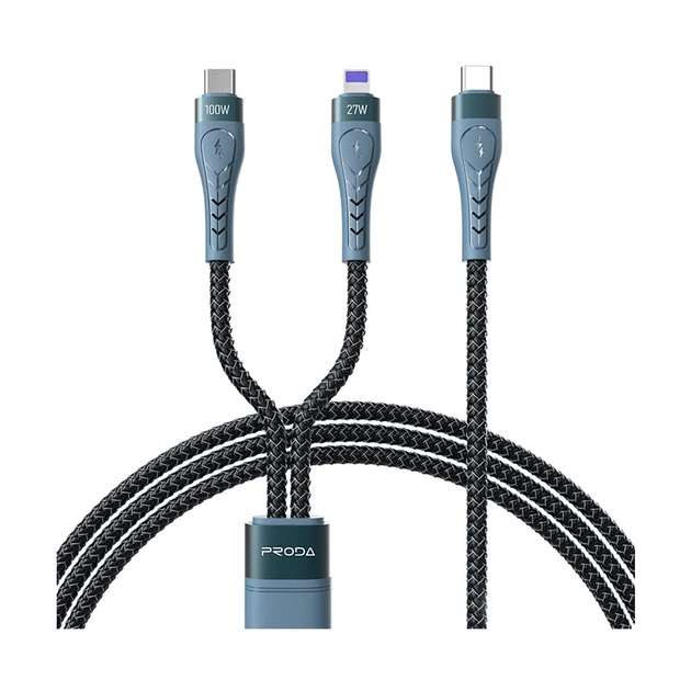 Дата кабель USB-C to USB-C + Lightning 1.3m Azeada 27W/100W black Proda (PD-B73th-BK) - изображение 1