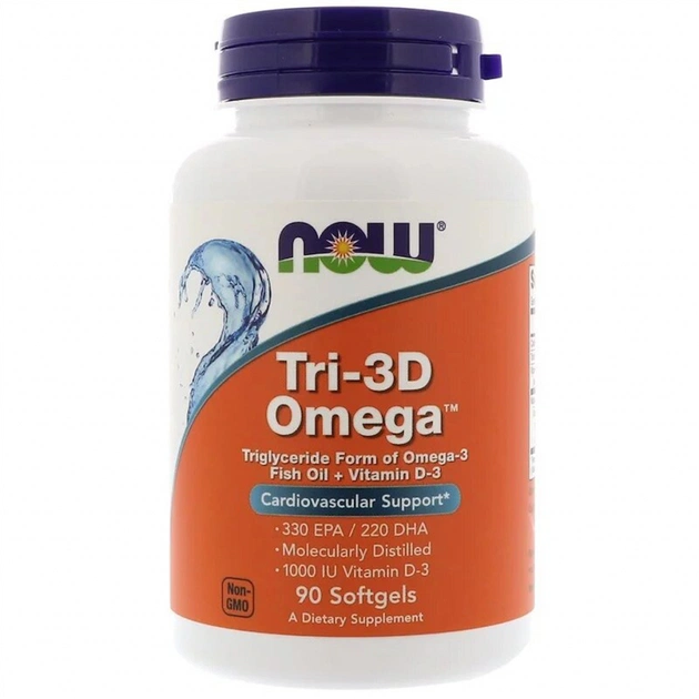 Жирные кислоты Now Foods Рыбий жир + D3, Tri-3D Omega, 90 желатиновых капсул (NOW-01686) - изображение 1
