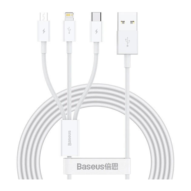 Дата кабель USB 2.0 AM to Lightning + Micro 5P + USB-C 1.5m 3.5A white Baseus (CAMLTYS-02) - изображение 1