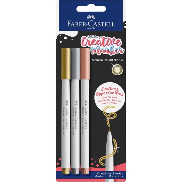 Набір маркерів Faber-Castell тонких для декору Goldfaber Creative Marker Metallic, 3 кольори, товщина 1,5 мм (33003) - зображення 1
