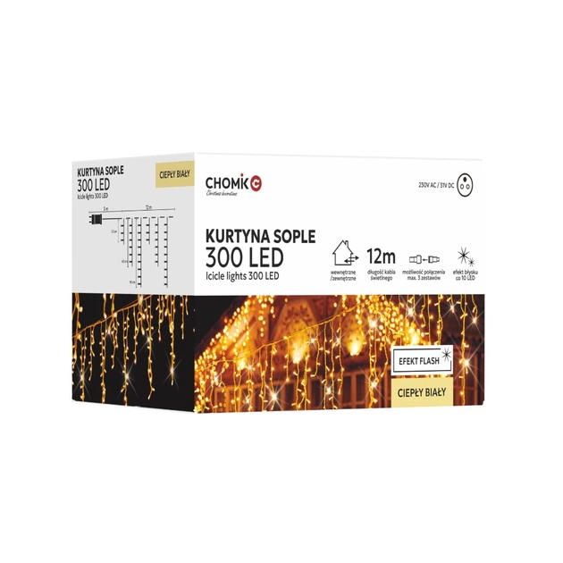 Гирлянда Chomik Бахрома 300 LED 12 м, теплий білий, IP44, від мережі (5900779879843) - изображение 1
