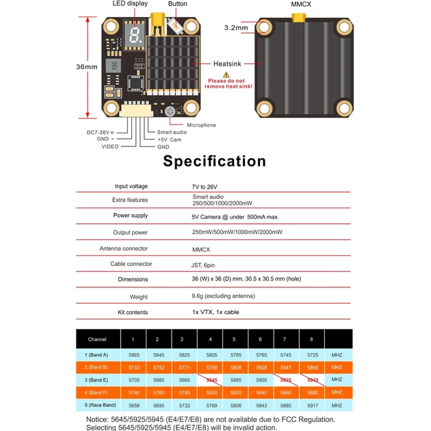 Відеопередавач (VTX) AKK FX2-Dominator 2W 5.8GHz 48CH L,X Band (TX2000LX) - зображення 6