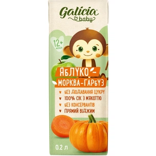 Сік дитячий Galicia Baby яблучно-морквяно-гарбузовий з м’якоттю натуральний 200 мл (4820209564341) изображение 1